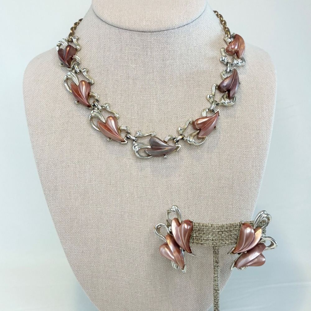Vintage Necklace Earring Set Lucite Acrylic Leaf Mauve Copper Silver Tone Retro